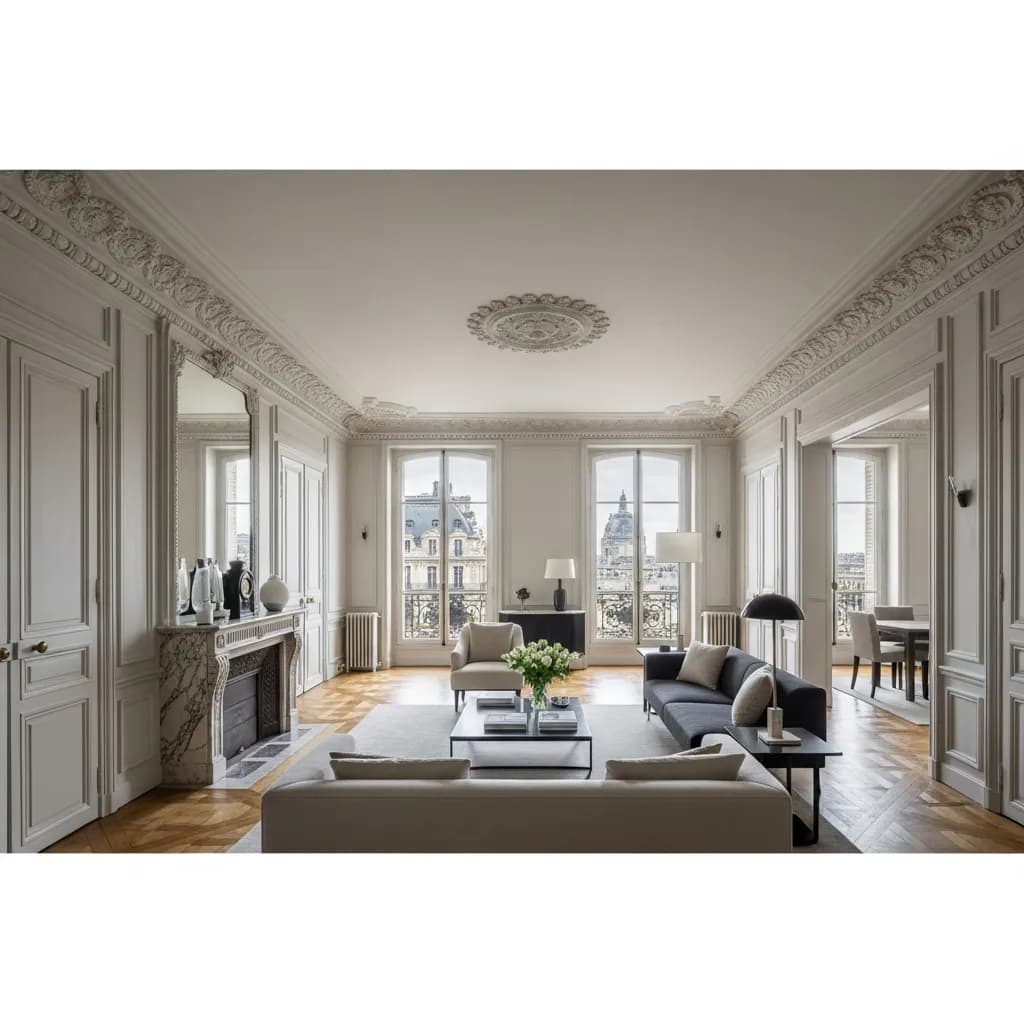 Salon d’un appartement ancien du centre de Paris, avec moulures, cheminée en marbre et parquet