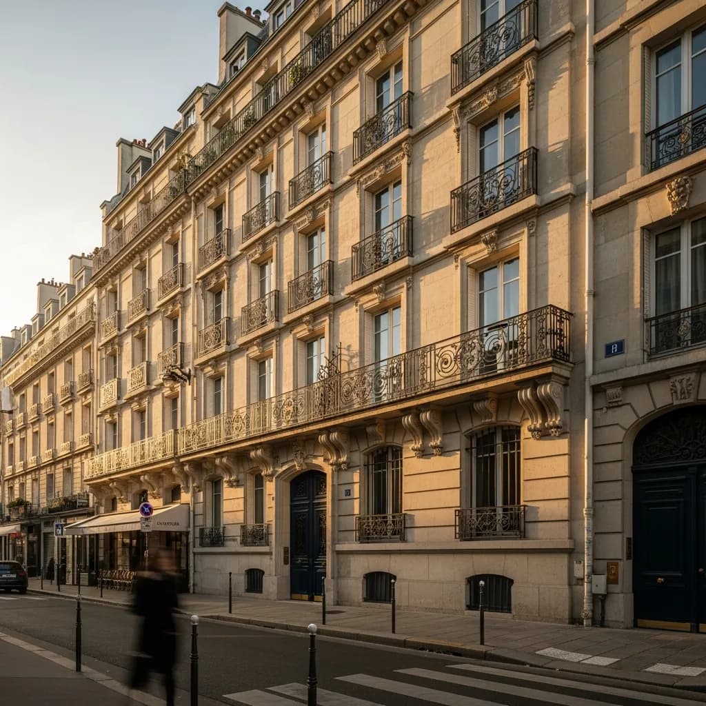 Immeubles en pierre de taille à balcons en fer forgé dans une rue du centre de Paris