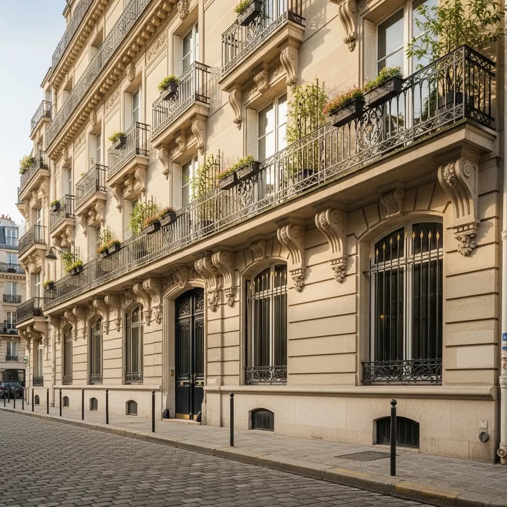Immeuble en pierre de taille aux balcons fleuris, sur une rue pavée