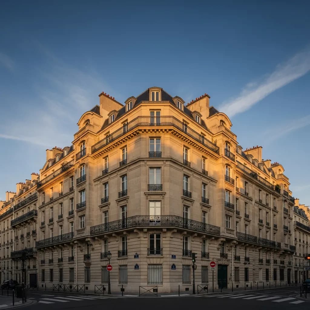 Immeuble d’angle en pierre de taille à balcons, à Paris