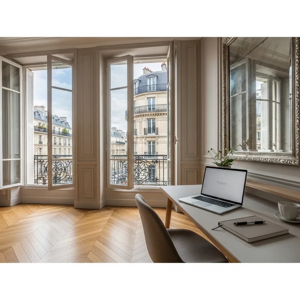 Pièce lumineuse avec parquet en chevrons et bureau, ouverte sur des façades en pierre de taille, illustration d’un appartement du 14e