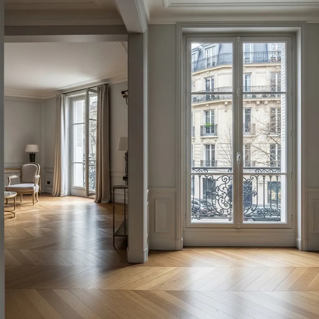 Appartement presque vide avec quelques meubles, parquet en chevrons et porte-fenêtre ouvrant sur un immeuble en pierre de taille, illustration d’un logement du 15e