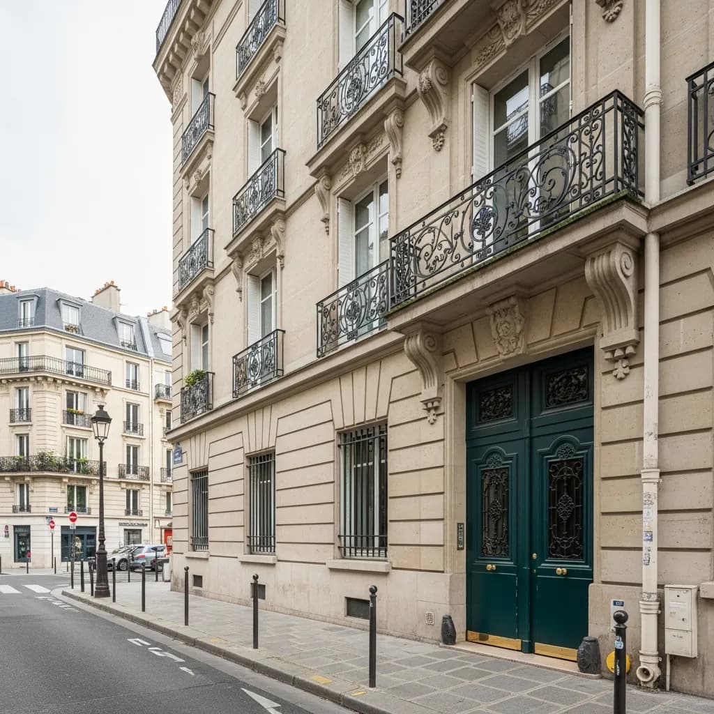 Immeuble en pierre de taille avec porte cochère verte et balcons en fer forgé