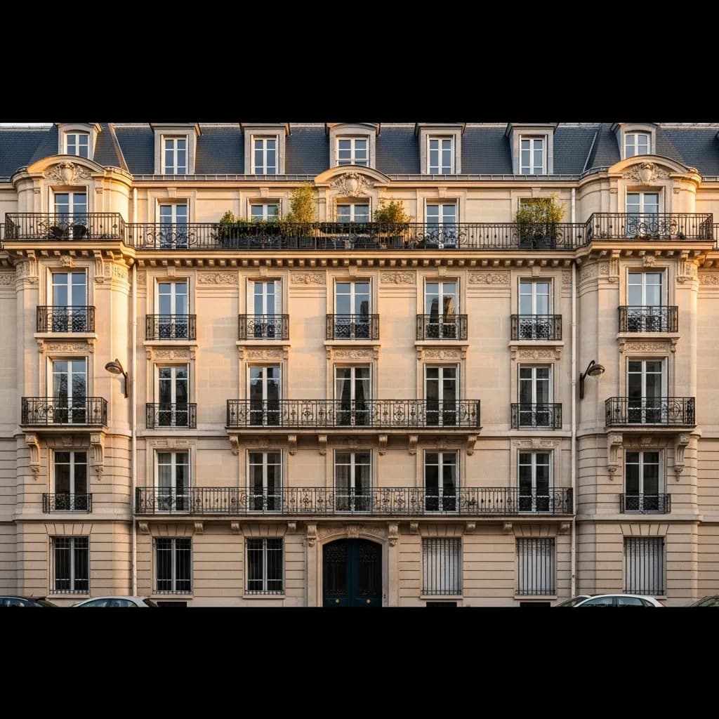 Façade d’immeuble ancien en pierre de taille, avec balcons en fer forgé et toit en ardoise