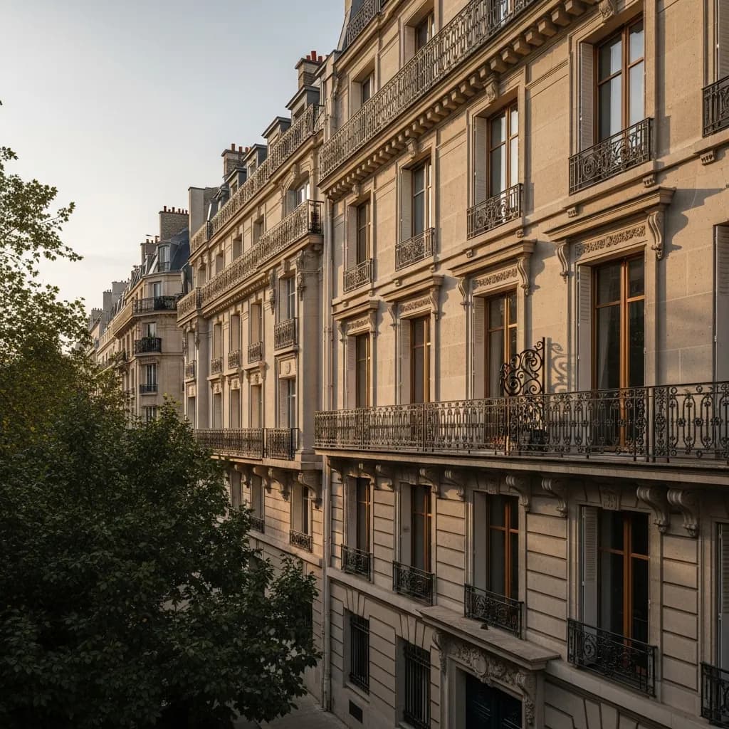 Façades haussmanniennes en pierre de taille à balcons filants, illustration du 8e arrondissement