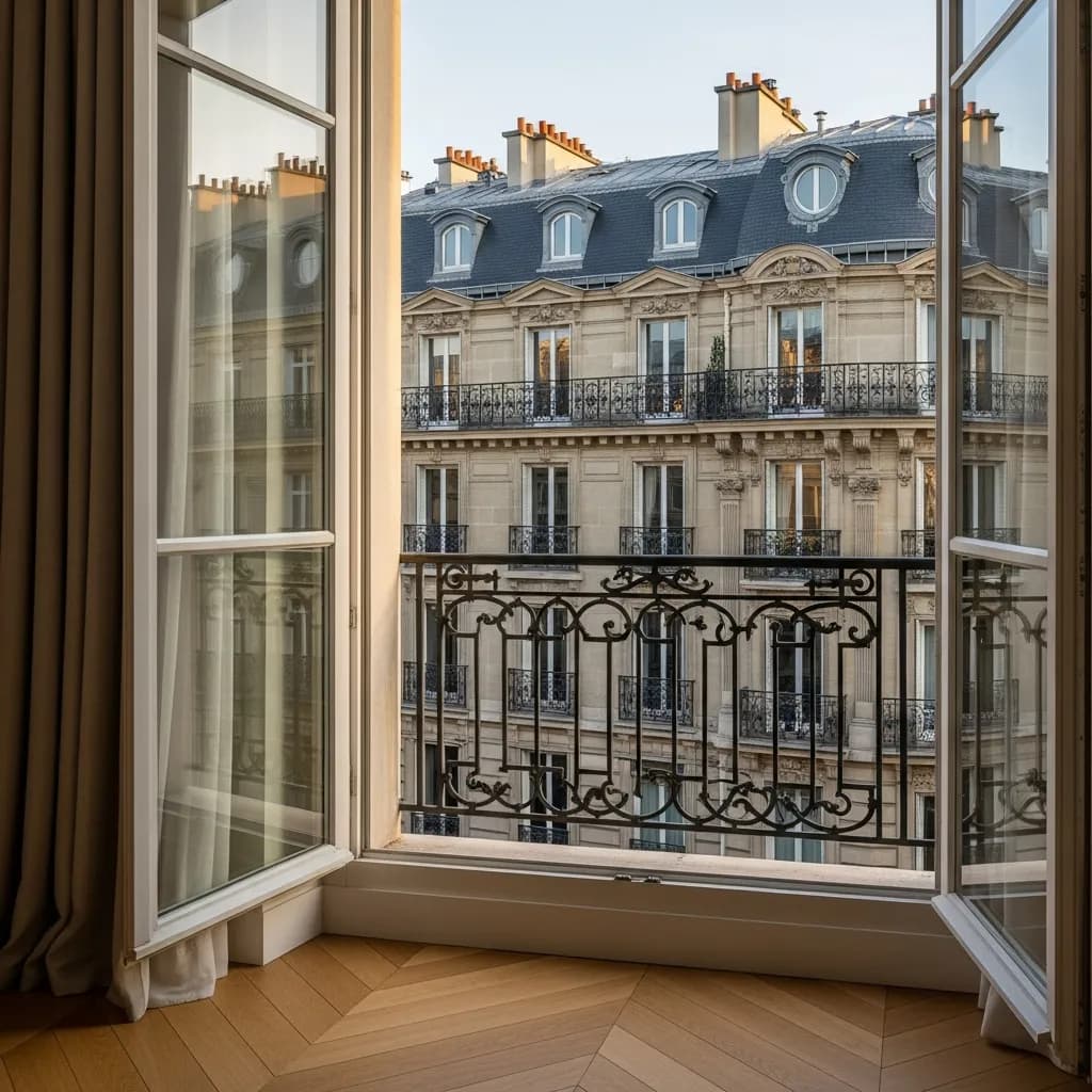 Fenêtre ouverte sur une façade haussmannienne à balcons, à Paris