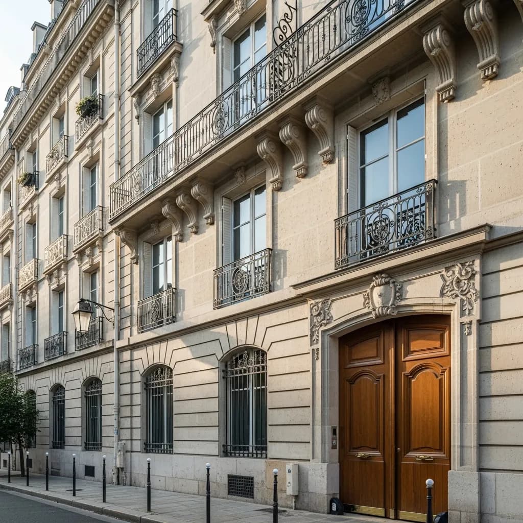 Façade en pierre de taille et porte cochère en bois d’un immeuble ancien