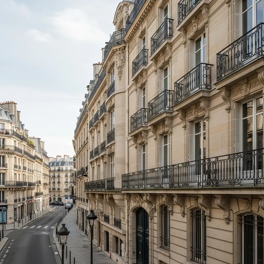 Rue en pente bordée d’immeubles en pierre de taille à balcons, illustration du 5e arrondissement