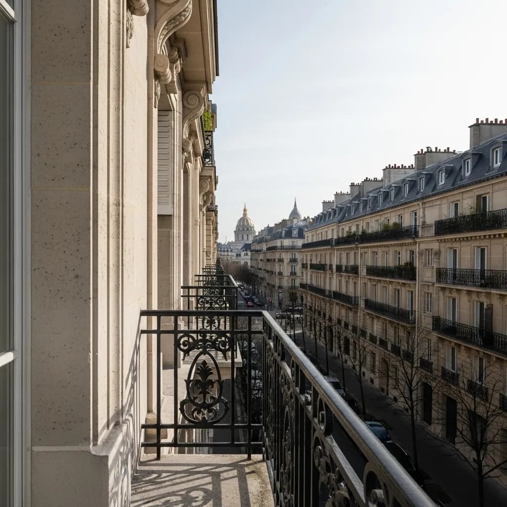 Vue depuis un balcon d’immeuble en pierre de taille sur une rue du 7e arrondissement, avec un dôme en perspective