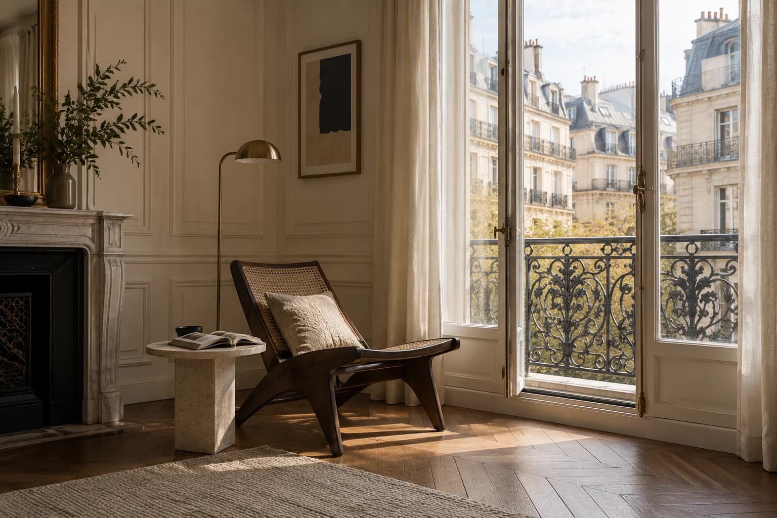 Coin lecture dans un appartement parisien, parquet et vue sur les façades haussmanniennes