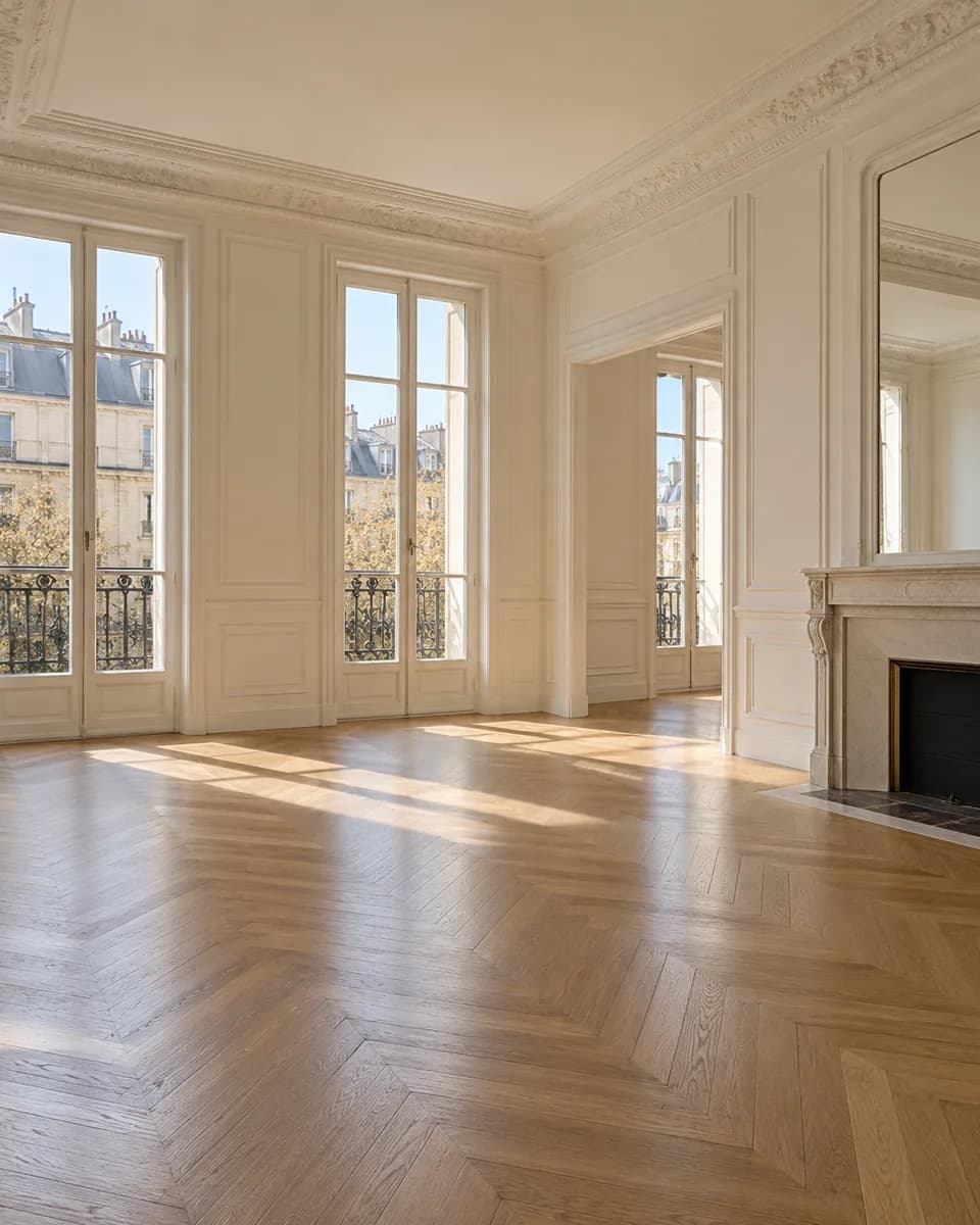 Appartement parisien vide, parquet en chêne et moulures