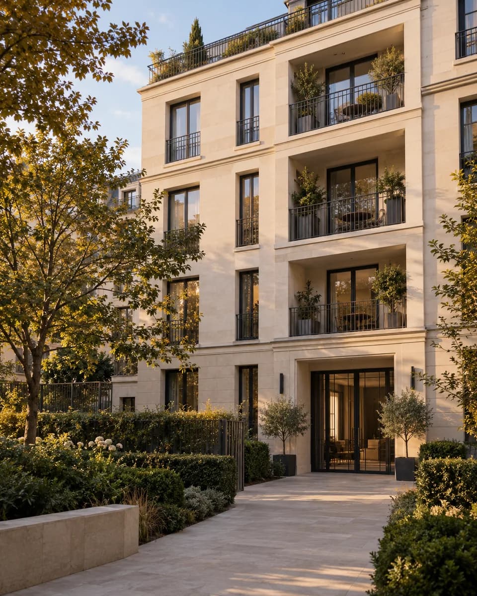Résidence contemporaine en pierre claire avec balcons et jardin